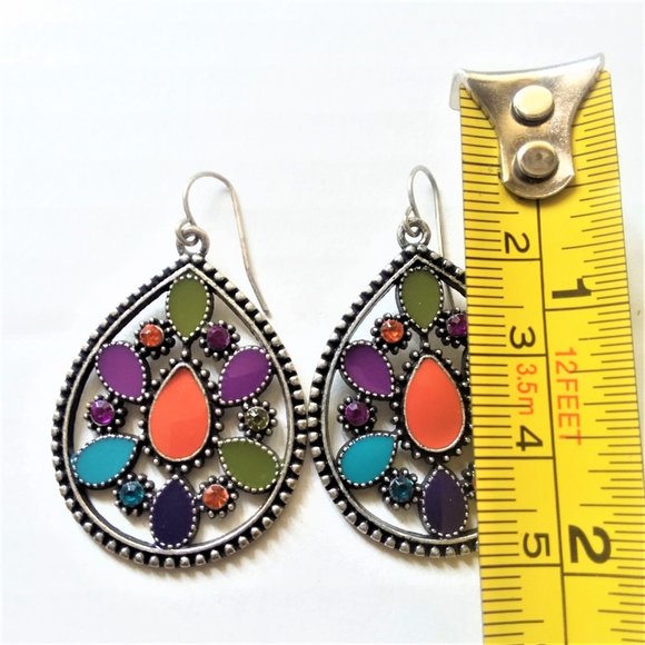 Dangle Earrings Boho Hippie TearDrop Stylish Colorful Trendy VTG Enamel - Picture 3 of 3